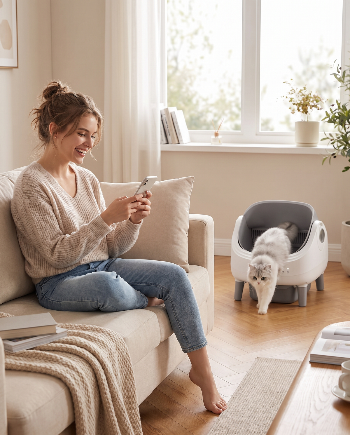 Owner relaxing on the sofa while the cat uses ScoopSense