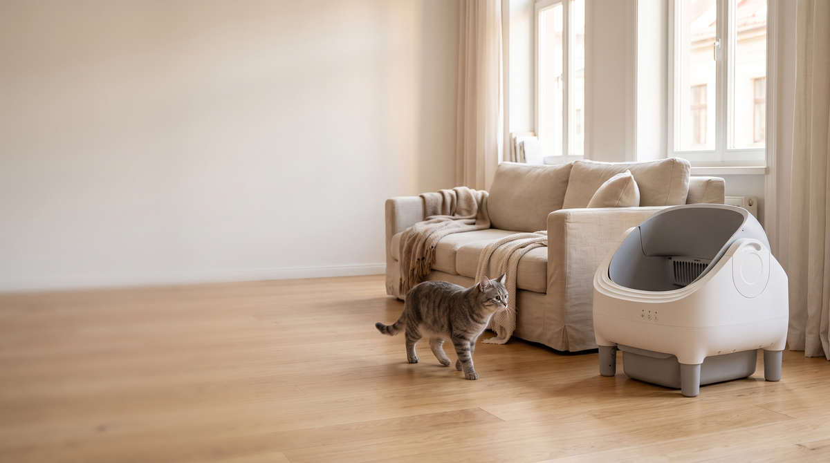 ScoopSense litter box in a modern living room with a tabby cat
