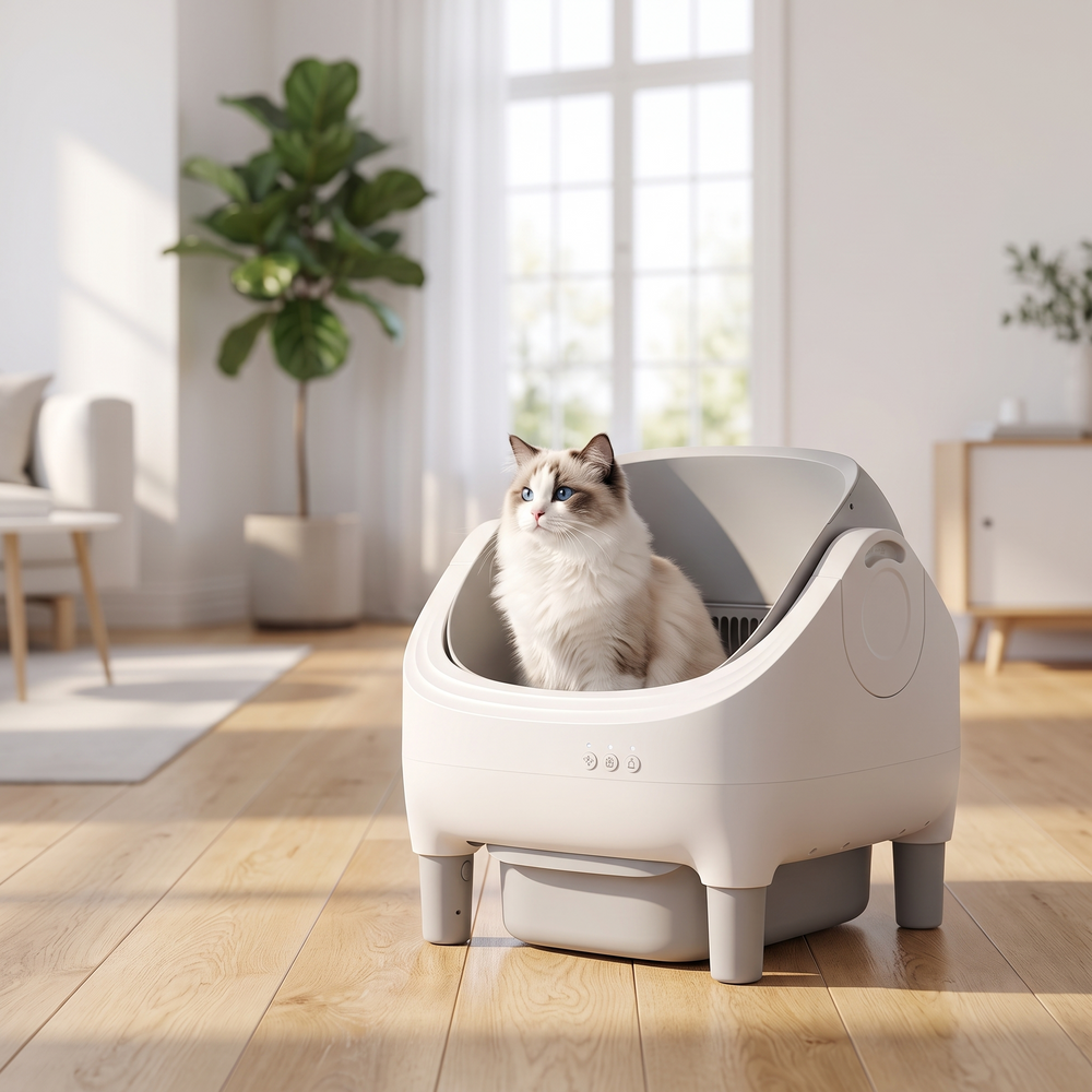 Ragdoll cat in the ScoopSense open-top litter box